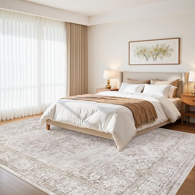 8x10 Area Rugs for Living Room:Beige Washable Vintage Medallion Carpet Non-Slip Soft Low Pile Large Rugs Indoor Retro Rug for Bedroom Nursery Dining Table Office Home(Beige Brown, 8'x10')