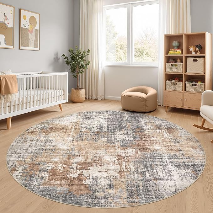 DMOYEST 8ft Round Area Rug Living Room Rugs - 8x8 Washable Large Soft Indoor Neutral Modern Abstract Low Pile Rug Carpet for Bedroom Dining Room Farmhouse Home Office - Grey Brown