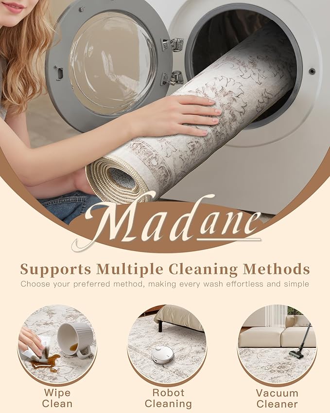 Madane Washable Runner Rug 2x5 with Non-Slip Rubber Backing, Vintage Kitchen Hallway Rug Soft Low Pile Throw Carpet Runner for Entryway Laundry Bathroom Bedroom Living Room (2 x 5, Brown/Ivory)