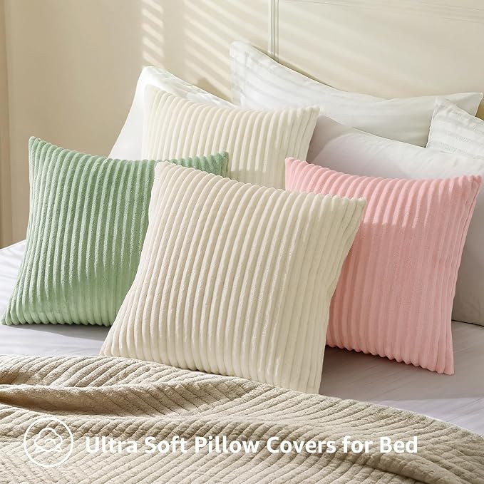 decorUhome Flannel Neutral White Throw Pillow Covers 20X20 Set of 4 | Decorative Fall Soft Fluffy Striped Double-Sided Couch Pillow Covers, Modern Farmhouse Pillow Cases for Sofa bed Home Decor