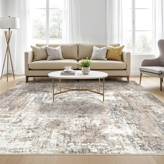 Square Rug 8x8 Living Room: Large Washable Abstract Modern Soft Area Rug Stain Resistant Indoor Floor Non-Slip Accent Carpet for Bedroom Nursery Playroom Dining Room Office Dorm Home Decor- Brown