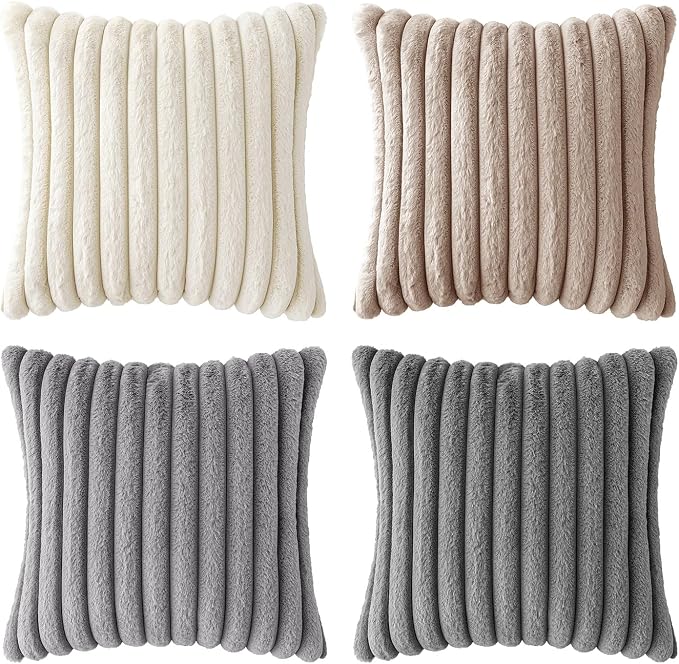 MIULEE Faux Fur Plush Decorative Throw Pillow Covers 20x20 Set of 4, Boho Farmhouse Soft Fuzzy Striped Cushion Covers for Sofa Couch Bed Living Room Vintage Rustic Home Decor,Grey Taupe