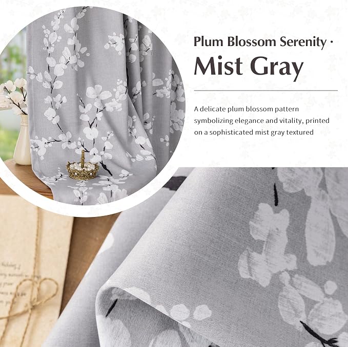 FMFUNCTEX 100% Blackout Grey Floral Curtains 96 Inch Rod Pocket 2 Panels | Black Out Drapes,Thermal Insulated Cottage Farmhouse, Blossom Patterned Extra Long Curtain for Bedroom, Living Room Darkening