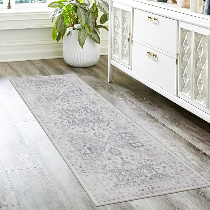 Srugn Kitchen Rug - Non Slip Hallway Runner - 2x8 Soft Faux Wool Washable Grey Vintage Throw Rug for Entryway and Bedroom