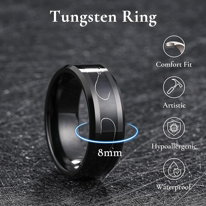 King Will Mens 8mm Black Silver Tungsten Rings, Men's Wedding Rings Fishing Line Inlay Beveled Edge Ring for Men Women, Comfort Fit, Durable