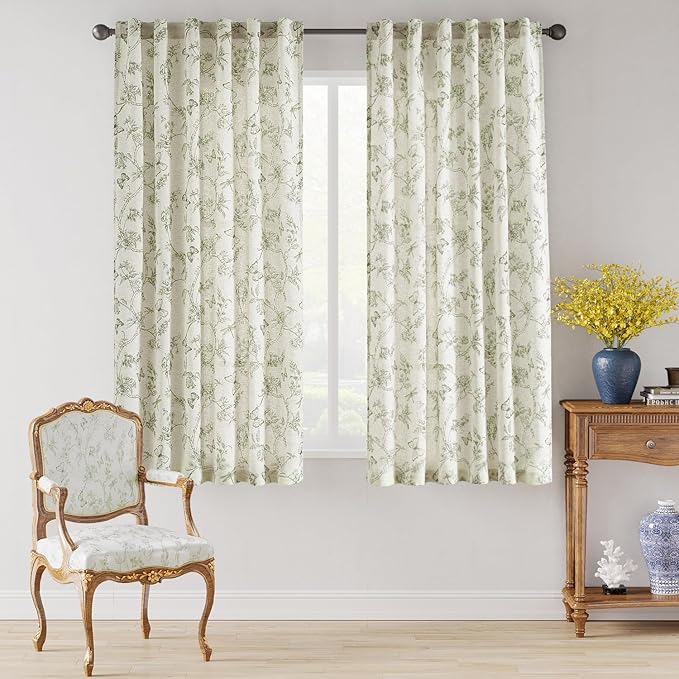 Lazzzy Charlotte Linen Farmhouse Curtains Green Floral Curtains 63 Inch Length Back Tab Drapes for Living Room Bedroom Light Filtering Country Vintage Rod Pocket Curtain, 2 Panels, Green on Beige