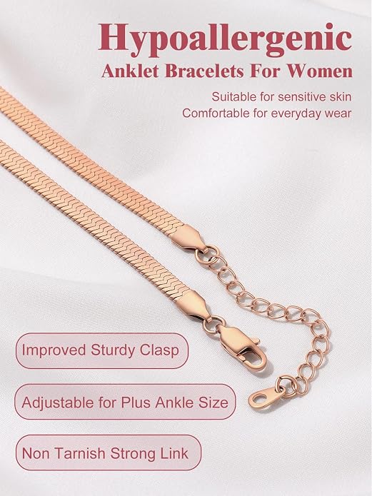 FOCALOOK 14K Gold Plated Anklets for Women Waterproof Plus Size Ankle Bracelet 8.5-10.5 Inch Adjustable Mariner/Figaro/Flat Snake/Cuban Link Chain Anklet Jewelry for Summer Beach Holiday