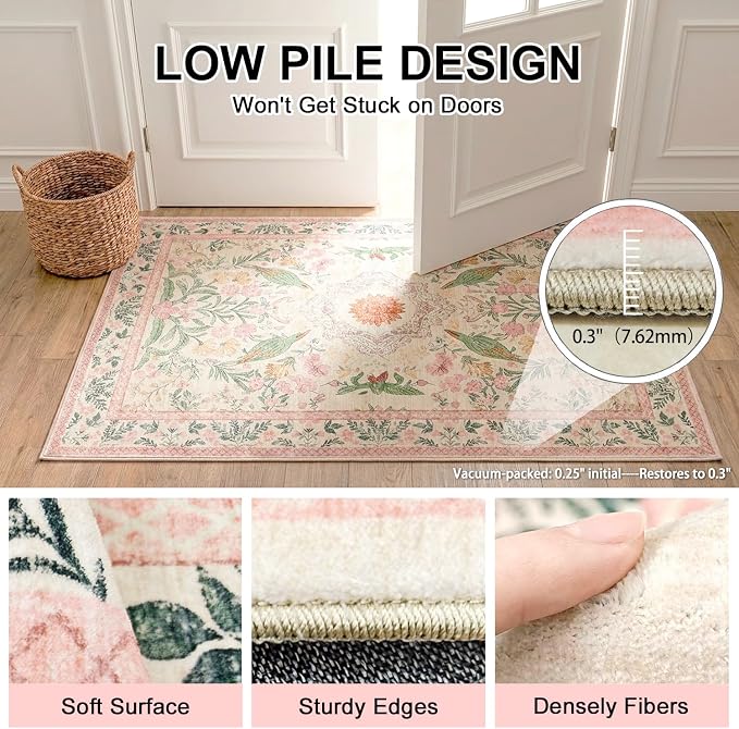 3'x5' Garden Botanical Bird Rug, Washable 0.3 Inch Cushioned Low Pile Carpet with Cotton Non Slip Backing, for Bedroom Bedside Nursery Laundry Room Entryway, Cream/Pink/Sage