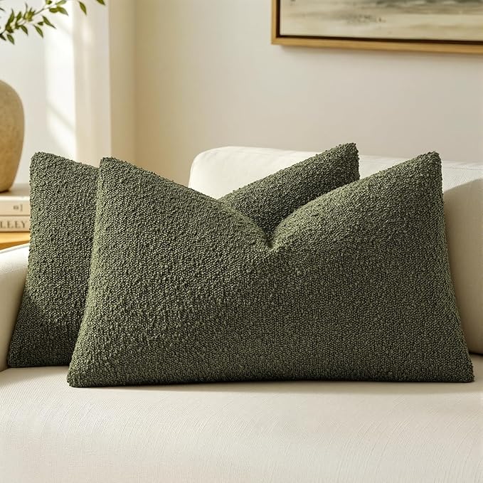 MIULEE 12x20 Decorative Lumbar Boucle Couch Pillow Covers Moss Green | Set of 2 Textured Neutral Throw Pillow Covers, Accent Solid Pillowcases, Sofa Living Room Home Decor