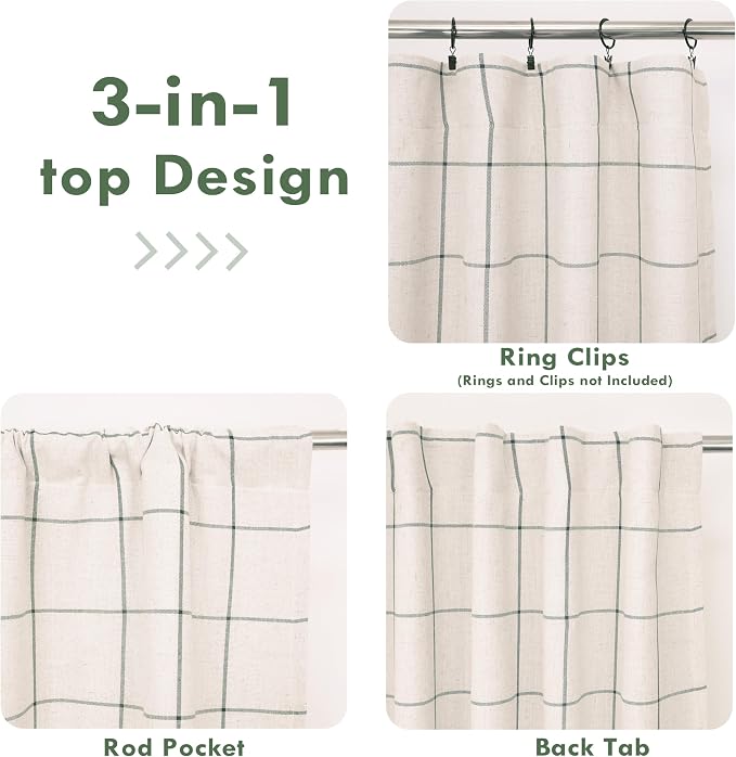 DriftAway 100% Blackout Plaid Linen Curtains W52xL96 Loden Green | 100% Blackout, Linen Texture, Plaid Pattern, Two Layers, Rod Pocket & Back Tab, Bedroom Living Room Use, Luxury Appearance