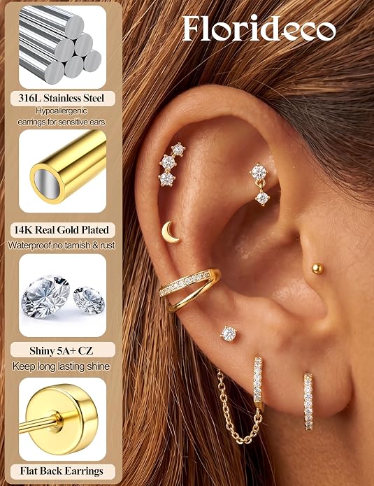 Florideco 14K Gold Plated Earrings for Women Hypoallergenic 20G Surgical Stainless Steel Flat Back Stud Earrings Dainty Stackable Earring Stacks Small Cartilage Earring Sets for Multiple Piercing