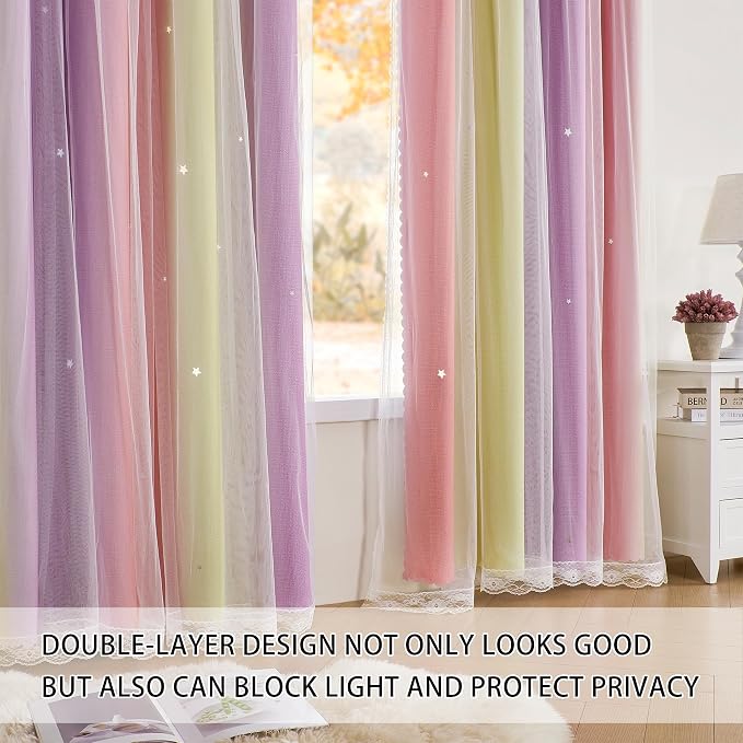 XiDi Girls Curtains for Bedroom 84 Inches Long 2 Panels Pink Yellow Purple Rainbow Blackout Curtains for Little Girl Kids Room Decor Living Room, Princess Unicorn Wall Decals Grommet Drapes 52x84