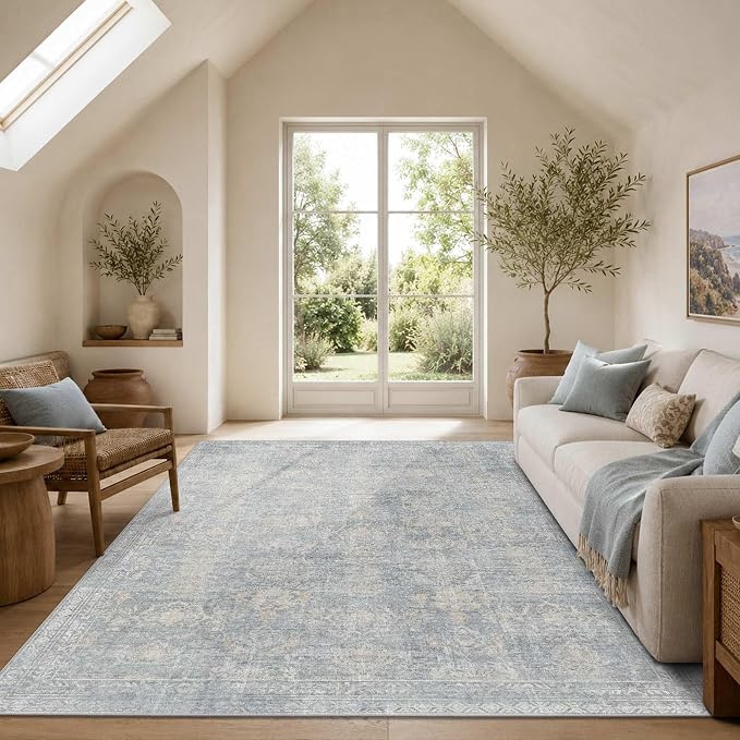 Rugxara 6x9 Area Rugs Washable Rug for Living Room Bedroom, Blue/Beige | Non Slip, Rug for Dining Room Office Farmhouse, Stain Resistant, Soft, Low Pile, Vintage Boho Floral Retro Carpet, Home Decor