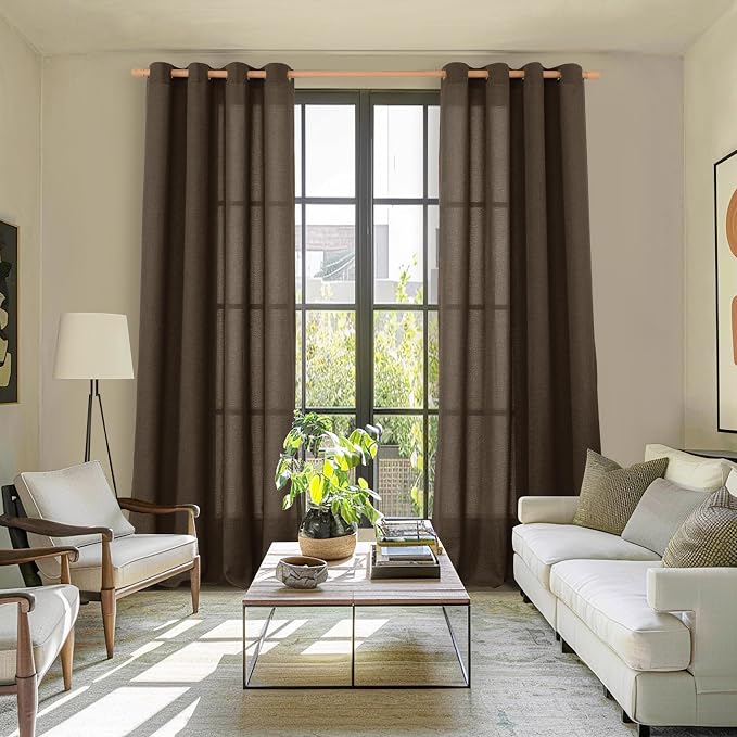 YoungsTex Brown Linen Curtains 90 Inches Length for Living Room,Chocolate Semi Sheer Window Treatments with Bronze Grommet Light Filtering for Bedroom Dining Room Farmhouse, 52 x 90 Inch, 2 Panels