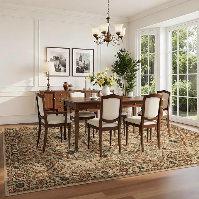 Joydeco 6x9 Area Rugs for Living Room Vintage, Tan | Non Slip Machine Washable Low Pile for Bedroom Dining Room Home Office Pet & Child Friendly