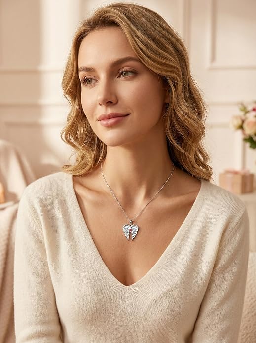 Dorunmo Guardian Angel Wing Pendant Birthstone Heart Necklace Birthday Jewelry Gifts for Women Mom Wife Daughter