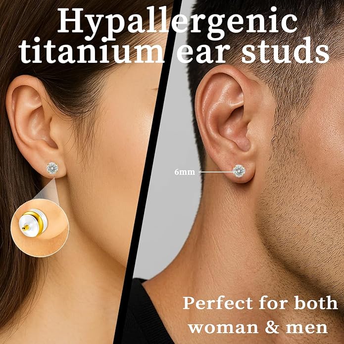Moissanite Stud Earrings in 14K White Gold Plated Titanium | HypoAllergenic Earrings for Women & Men