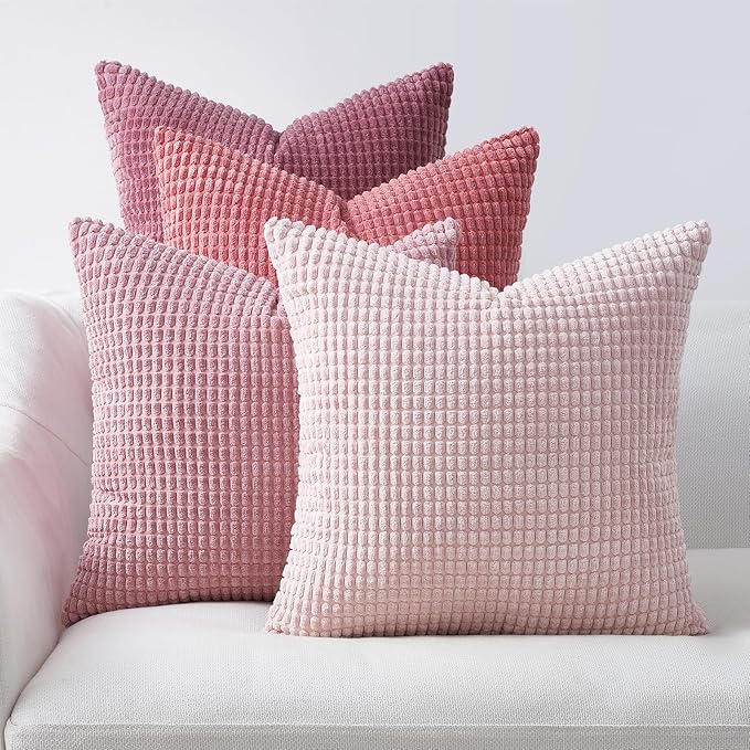 Topfinel 4 Packs Pink Decorative Throw Pillow Covers 16x16 Inch for Living Room Couch Bed Sofa, Boho Western Farmhouse Home Decor, Square Soft Moss Corduroy Fall Cushion Case 40x40 cm