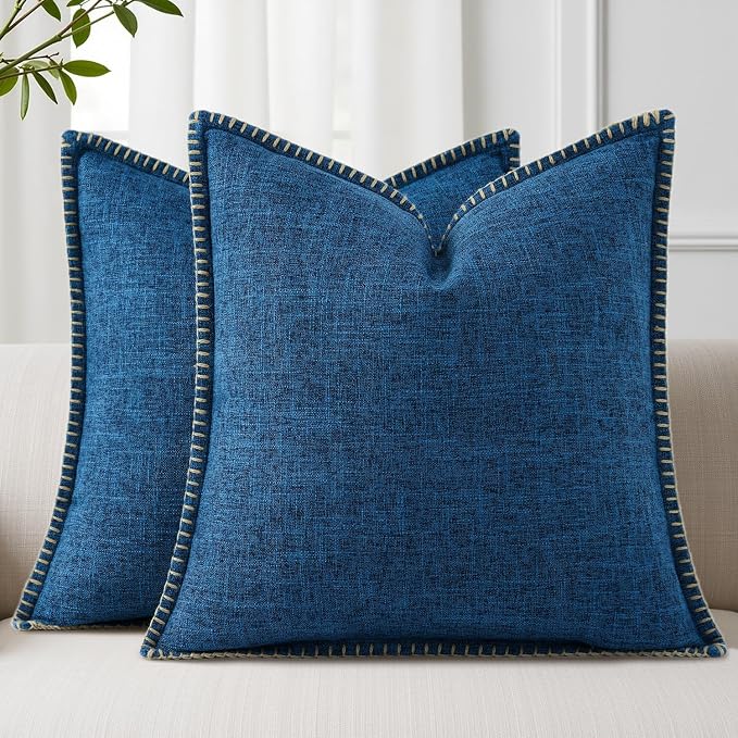 decorUhome Dark Blue Faux Linen Outdoor Throw Pillow Covers 18x18 Set of 2 | Fall Decorative Textured Neutral Modern Farmhouse Pillow Covers with Stitched Edge for Couch Sofa Bed Living Room