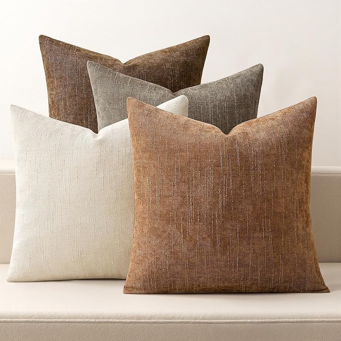 MIULEE Pack of 4 Fall Decorative Throw Pillow Covers 22x22 Inch Chenille Textured Throw Pillows Boho Farmhouse Cushion Covers Vintage Home Decor for Couch Sofa Bed Living Room，Beige Taupe Brown
