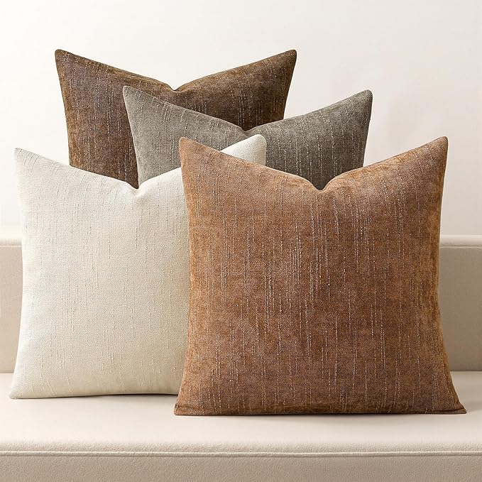 MIULEE Pack of 4 Fall Decorative Throw Pillow Covers 16x16 Inch Chenille Textured Throw Pillows Boho Farmhouse Cushion Covers Vintage Home Decor for Couch Sofa Bed Living Room，Beige Taupe Brown