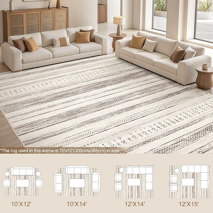 Tortania Area Rug Living Room Rugs - 10x14 Washable Large Soft Neutral Boho Moroccan Bohemian Farmhouse Rug Indoor Floor Carpet for Bedroom Under Dining Table Home Office Decor - Beige