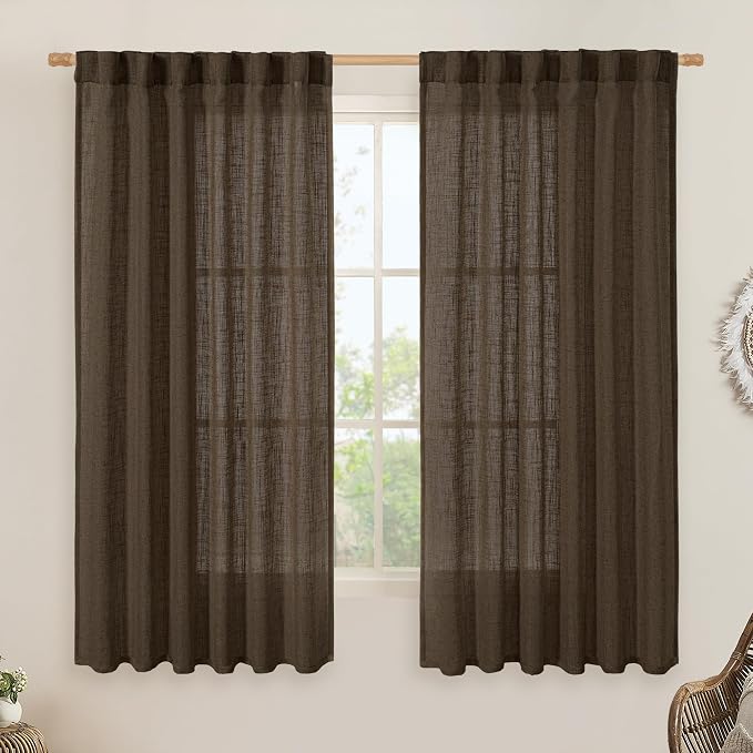 LAMIT Sheer Linen Curtains 63 Inch for Bedroom, Light Filtering Neutral Semi Sheer Farmhouse Boho Curtains Back Tab and Rod Pocket Living Room Panels, Dark Brown, 2 Panels, 52 x 63 Inch