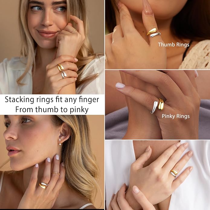 Non Tarnish Gold Chunky Rings for Women, 14K Gold Plated Statement Dome Rings Stacking Silver, Adjustable Mens Eternity Wedding Band Mixed Metal Jewelry Size 3-13