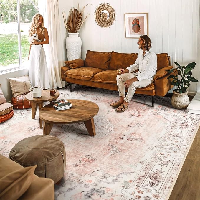 MUJOO Pink Washable Rug 8x10 Area Rugs Non Slip Low-Pile Floral Large | Machine Washable Throw Carpet for Living Room Bedroom Dining Room Boho Soft Floor Indoor Abstract Flowers Light Blush