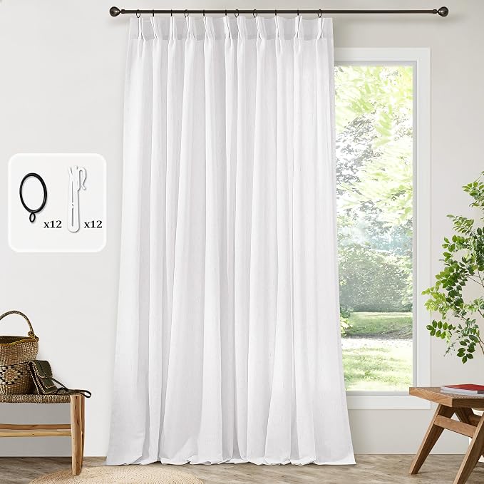 White Pinch Pleated Curtains 132 Inches Long Extra Wide Linen | Semi Sheer Light Filtering, 72 x 132 Inch Curtain, for High Ceiling Living Room Large Drapes, Back Tab, Luxury, 1 Panel