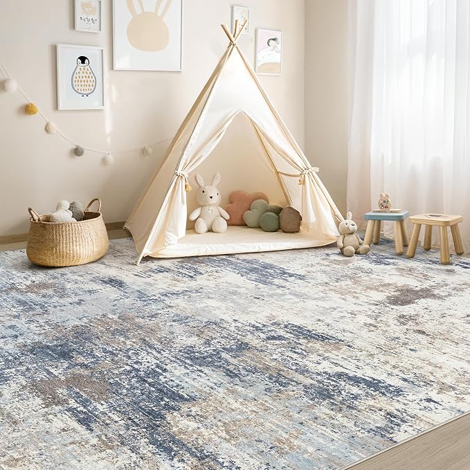 UERMEI 6x9 Area Rug Living Room Rugs - Washable Neutral Modern Abstract Soft Thin Large Rug Indoor Floor No Slip Rug Carpet for Bedroom Under Dining Table Home Office Decor- Denim Blue