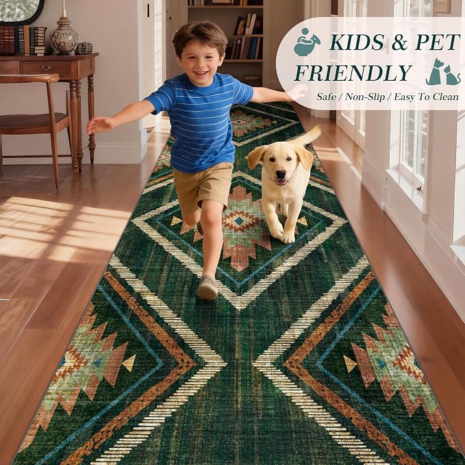 Boho Runner Rugs for Hallway 3x14Ft Non Slip, Long Wide Green Moroccan Washable Kitchen Rug Runner, Soft Geometric Entryway Floor Carpets for Entrance Doorway Home Office Decor