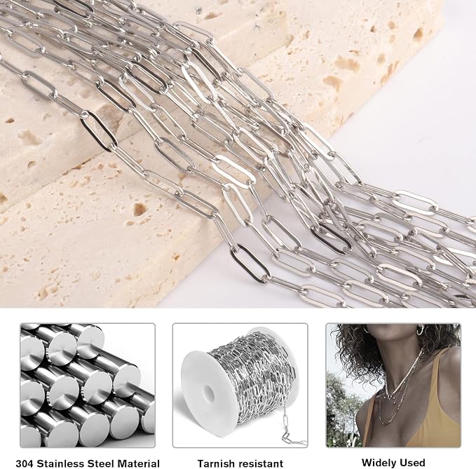 [33 Ft] Stainless Steel Paperclip Chains Roll, 2.5mm Width 304 Stainless Steel Oval Link Chains Spool Bulk for Jewelry Making