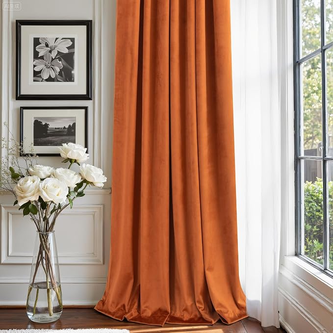 Burnt Orange Velvet Curtains 72 Inch Length 2 Panels for Dining Room Living Back Tab Pleated Thermal Insulated Curtains for Summer Heat Block Winter Rust Terracotta Drape for Girls Bedroom Kids Funky
