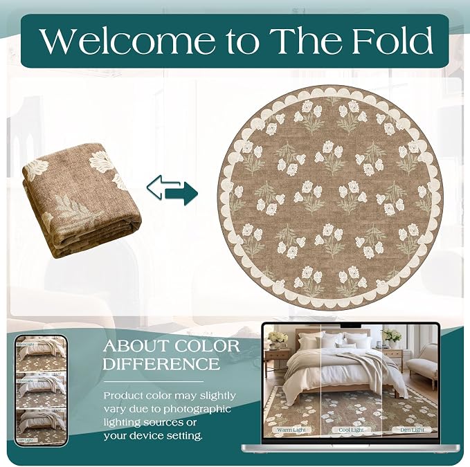 Tan 3ft Round Rug for Entryway - 3x3 Small Washable Floral Neutral Farmhouse Scalloped Round Rug for Bedroom Non Slip Front Door Mat Indoor Stain Resistant Circle Rugs for Bathroom Kitchen