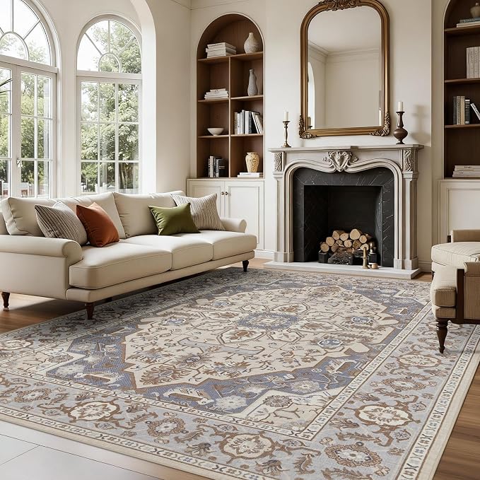 Joydeco 5x7 Area Rugs for Living Room, Non Slip Machine Washable Vintage Rug, Low Pile Chenille Print Rugs for Bedroom, Dining Room, Home Office, Pet & Child Friendly, Beige & Blue & Reddish-Brown