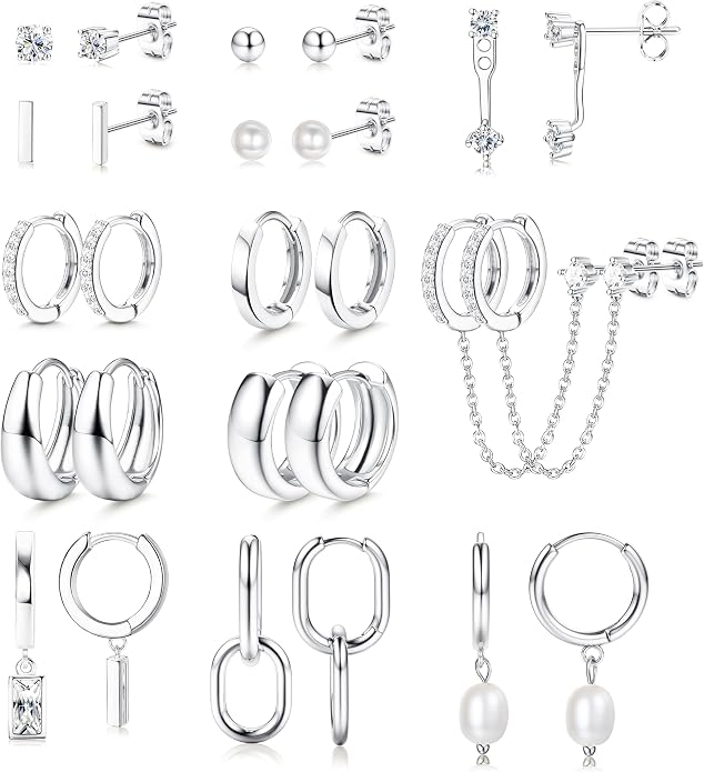 BESTEEL 13 Pairs Small Stud Hoop Earrings Set for Women Hypoallergenic Gold Plated Huggie Hoops Pearl Dainty Lightweight Earrings for Gift