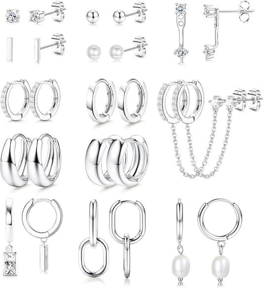 BESTEEL 13 Pairs Small Stud Hoop Earrings Set for Women Hypoallergenic Gold Plated Huggie Hoops Pearl Dainty Lightweight Earrings for Gift