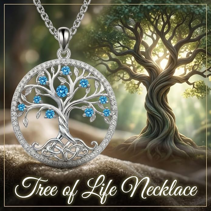 ONEFINITY Tree of Life Necklace 18k White Gold Plated Tree of Life Birthstone Pendant Necklace Birthstone Jewelry Anniversary Birthday Gifts for Women Men