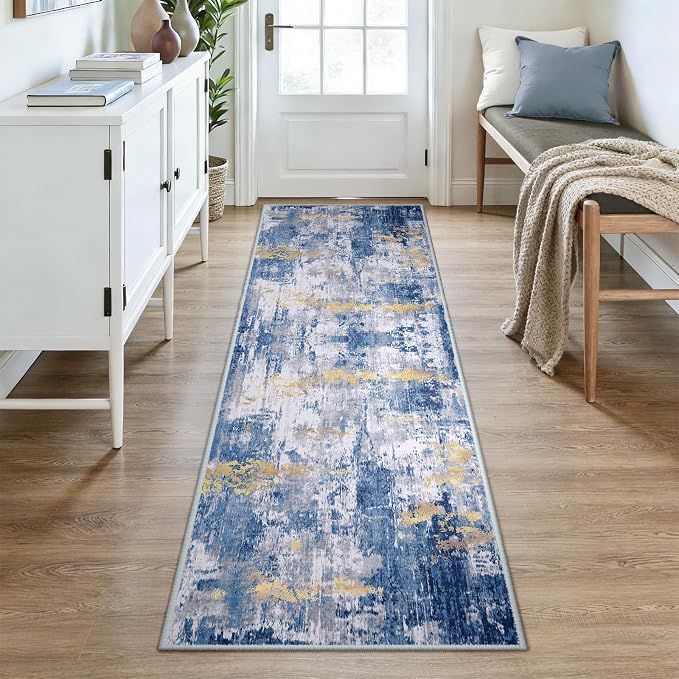 RELEANY Washable Area Rugs 3x8 Non-Slip Modern Abstract Soft for Living Room Entryway Bedroom Kitchen, Print Pattern, Grey Blue Gold/Golden