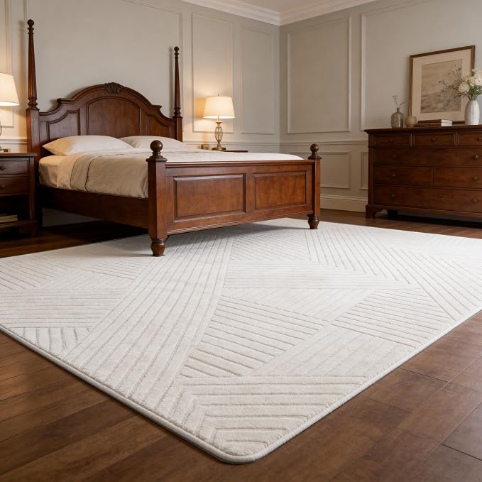 Cream Beige 5x7 Geometric Area Rug - Modern Geometric High-Low Pile Rugs for Living Room Bedroom, Washable Non-Slip, Textured Indoor Rugs for Nursery, Kids Room, Home Office