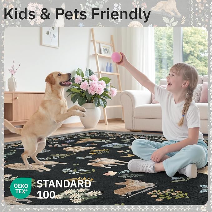 Soalmost Dog 6x9 Area Rugs for Living Room, Washable Animal Soft Rug Black | Floral Vintage Non-Slip Low Pile Cute Throw Rugs for Living Room Kitchen Dining Room Bedroom Nursery Playroom 5' x 7'