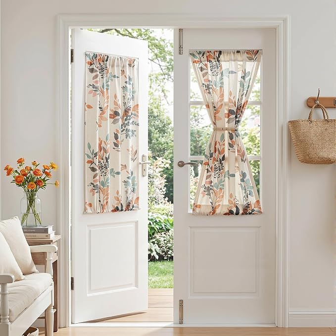 MYSKY HOME Floral Linen French Door Curtains 40 inch Long 2 Panels for Front Door Light Filtering Privacy Semi Sheer Window Curtains with Rod Pocket, Burnt Orange, 24" W Each Panel