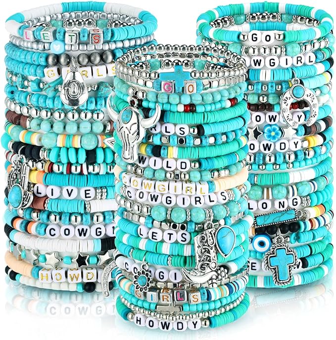 Landical 64 Pcs Western Cowgirl Bracelets Set Summer Turquoise Beaded Bracelet Bohemia Charm Natural Stackable Beach Western Jewelry for Women Goody Bag Fillers Party Favors Packs
