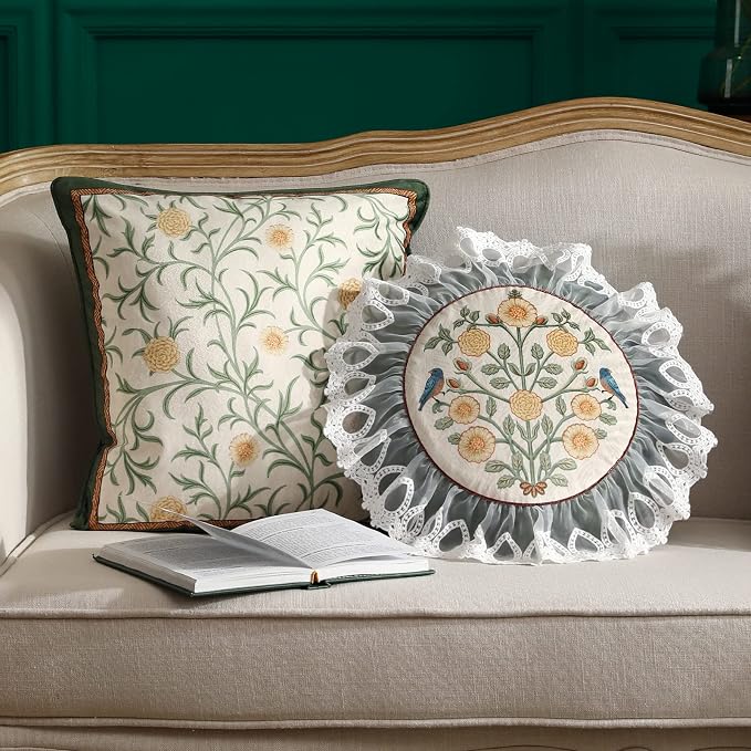 patdrea Designer Vintage Velvet Throw Pillow Cover,Set of 4,-Botticelli | Elegant Lumbar Ruffle Pillow Case with Zipper,Green Floral Pattern,Decor Cushion Coverfor Couch Living Room Bedroom Sofa