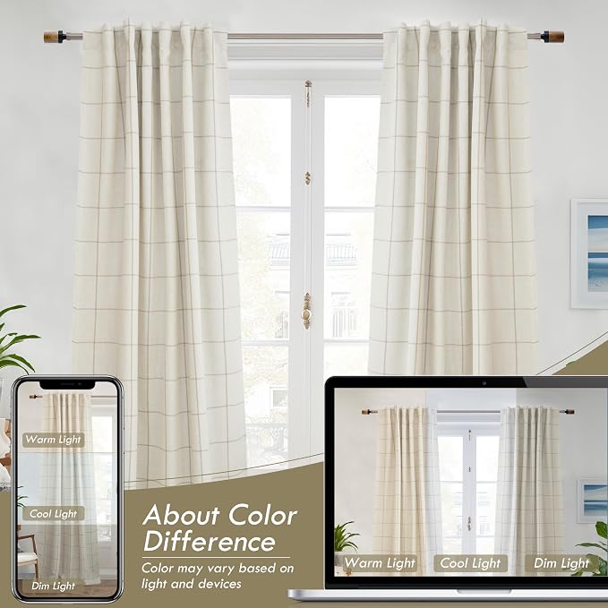 DriftAway 100% Blackout Plaid Linen Curtains 102 Inches Long 2 Panels Taupe | 100% Blackout, Linen Texture, Plaid Pattern, Two Layers, Rod Pocket & Back Tab, Bedroom Living Room Use, Luxury Appearance