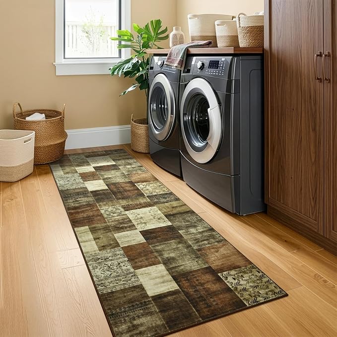 DweIke Runner Rug for for Hallways, 2'x6' Washable Kitchen Rugs with Non Slip Rubber Backing, Soft Low Pile Non-Shedding Geometric Carpet for Laundry Bedroom Bathroom, Brown