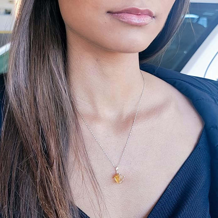 Natural raw gemstone pendant chain necklace with white gold over 925 solid sterling silver, birthstone dainty solitaire gift for her, uniquelan jewelry