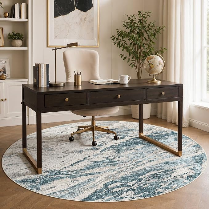 Area Rugs for Living Room: 10ft Round Abstract Washable Rug Modern Neutral Large Soft Stain Resistant Non-Slip for Bedroom Dining Room Indoor Home Office Carpet - Blue Brown