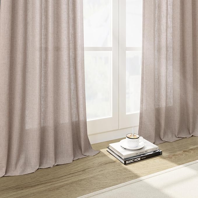Oatmeal Linen 102 Inch Long Curtains for Living Room 2 Panels Back Tab Pocket Semi Sheer Light Filtering Curtains Bohemian Rustic Solid Color Drapes for Sliding Glass Door Bedroom 40x102 Inches